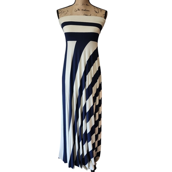 Nadia Tarr Strapless Navy and Cream Maxi Dress - Large - Picture 2 of 10